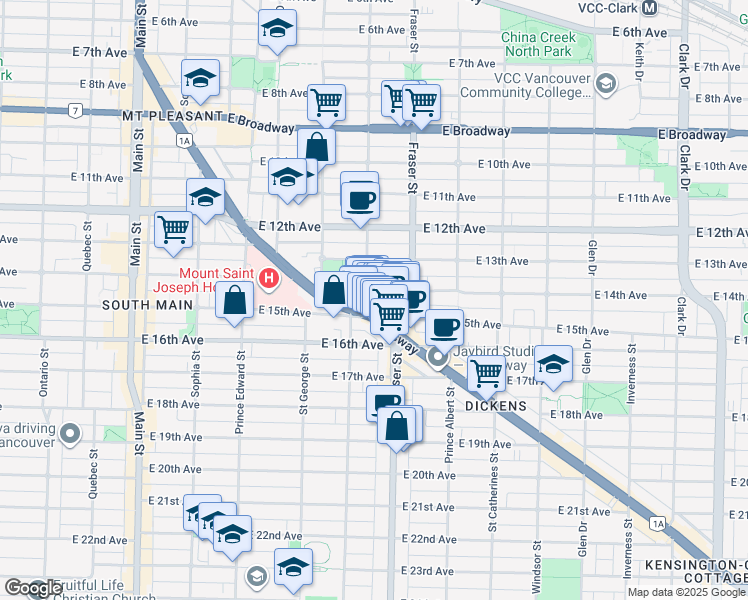 map of restaurants, bars, coffee shops, grocery stores, and more near in Vancouver