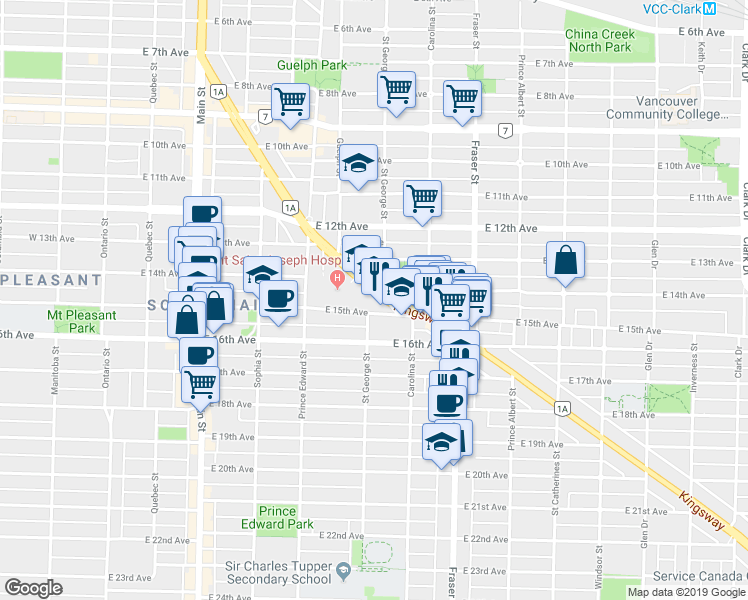 map of restaurants, bars, coffee shops, grocery stores, and more near in Vancouver