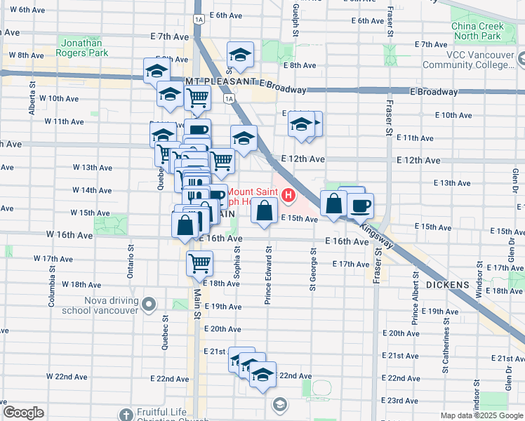 map of restaurants, bars, coffee shops, grocery stores, and more near 371 East 16th Avenue in Vancouver
