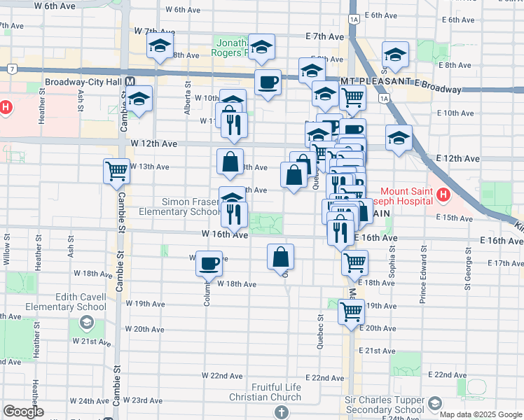 map of restaurants, bars, coffee shops, grocery stores, and more near 55 West 15th Avenue in Vancouver