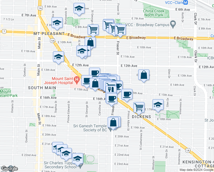 map of restaurants, bars, coffee shops, grocery stores, and more near 614 East 14th Avenue in Vancouver