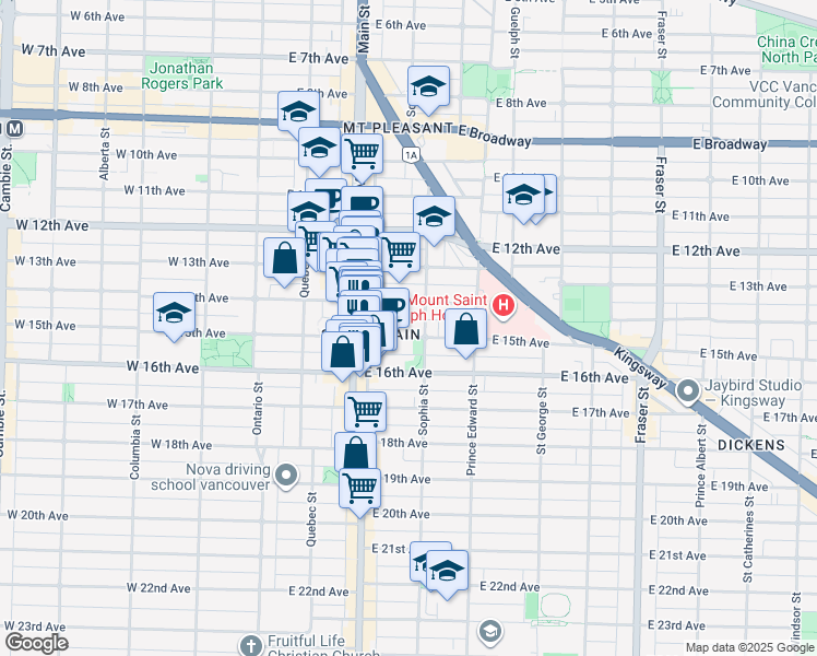 map of restaurants, bars, coffee shops, grocery stores, and more near 265 East 15th Avenue in Vancouver