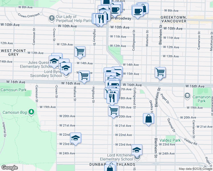 map of restaurants, bars, coffee shops, grocery stores, and more near 3638 West 16th Avenue in Vancouver