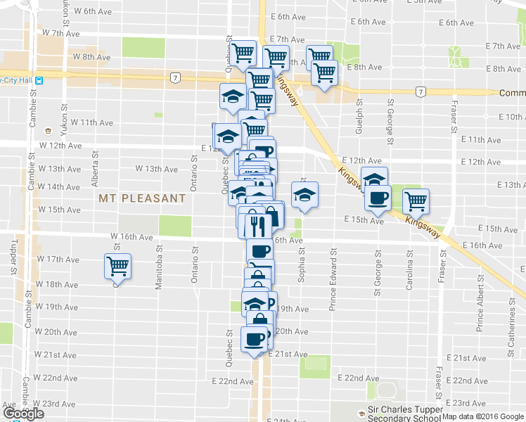 map of restaurants, bars, coffee shops, grocery stores, and more near 3080 Main Street in Vancouver