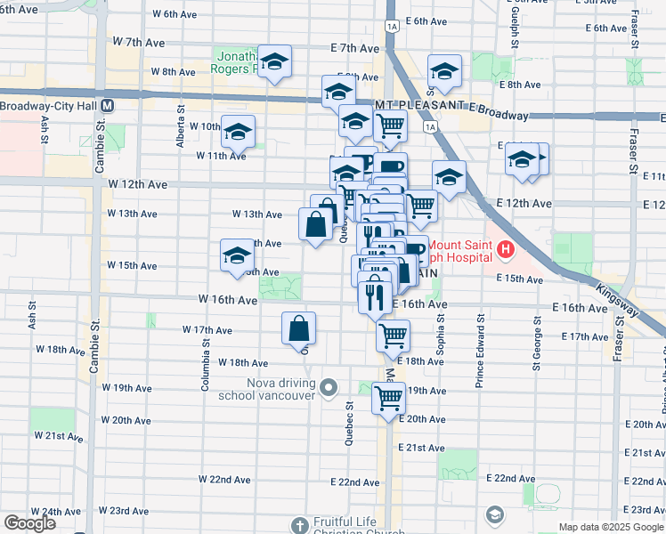 map of restaurants, bars, coffee shops, grocery stores, and more near 87 East 15th Avenue in Vancouver