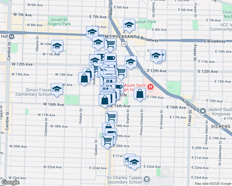 map of restaurants, bars, coffee shops, grocery stores, and more near 227 East 15th Avenue in Vancouver