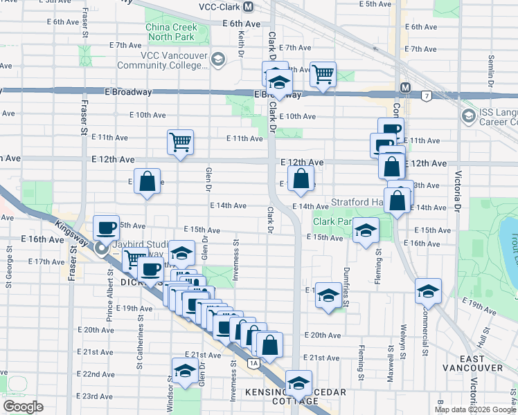map of restaurants, bars, coffee shops, grocery stores, and more near 1260 East 14th Avenue in Vancouver