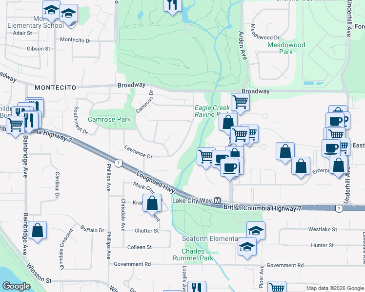 map of restaurants, bars, coffee shops, grocery stores, and more near 7640 Lawrence Drive in Burnaby