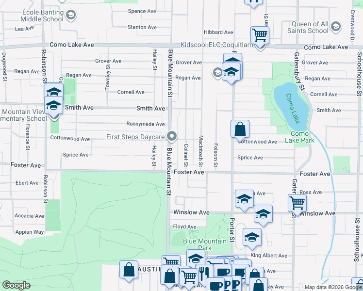 map of restaurants, bars, coffee shops, grocery stores, and more near 674 Colinet Street in Coquitlam