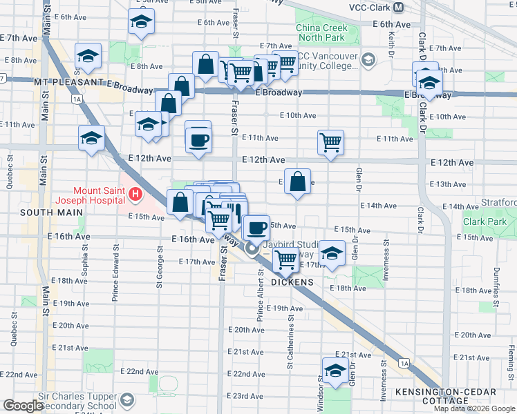 map of restaurants, bars, coffee shops, grocery stores, and more near 764 East 14th Avenue in Vancouver