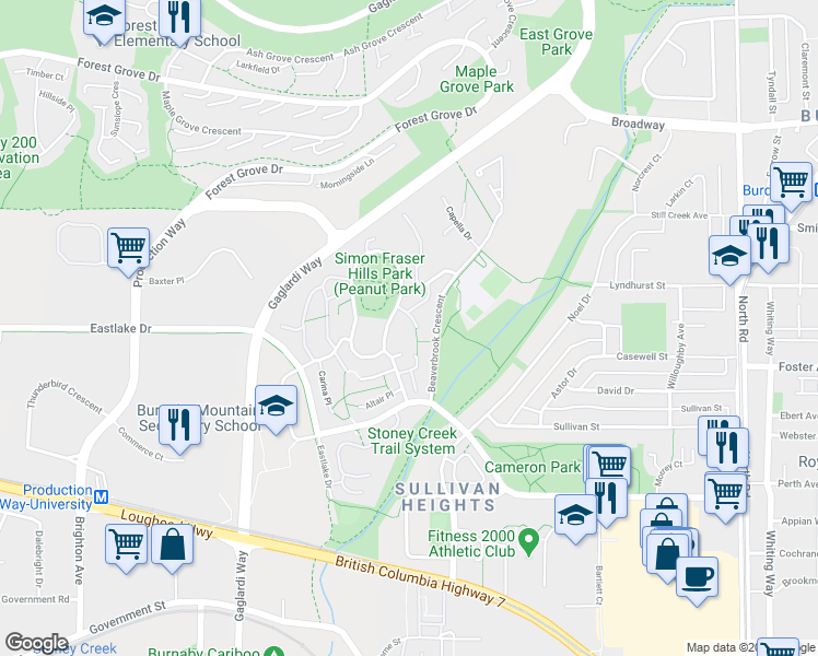 map of restaurants, bars, coffee shops, grocery stores, and more near 2969 Argo Place in Burnaby