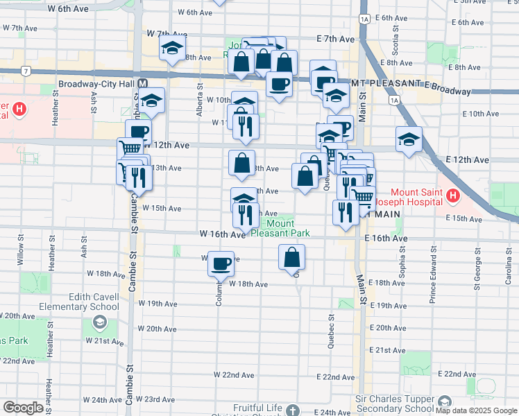 map of restaurants, bars, coffee shops, grocery stores, and more near 3091 Manitoba Street in Vancouver