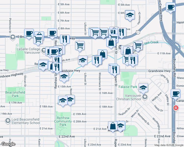 map of restaurants, bars, coffee shops, grocery stores, and more near in Vancouver
