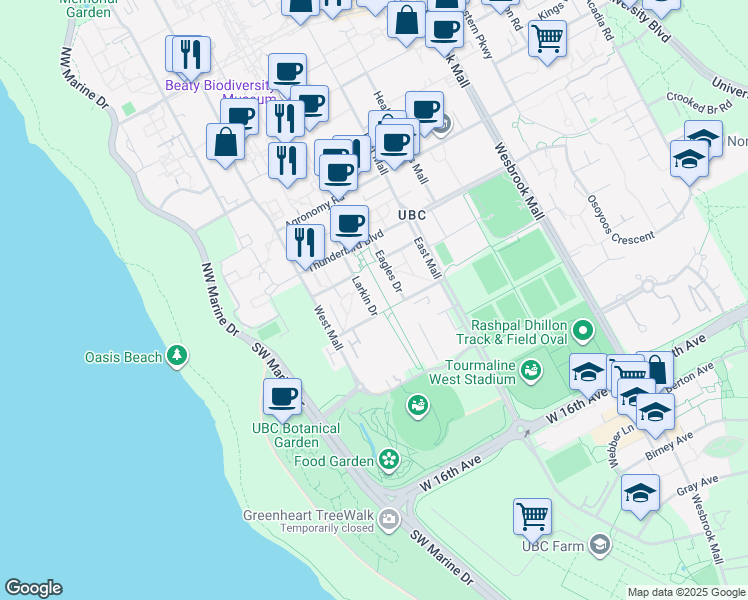 map of restaurants, bars, coffee shops, grocery stores, and more near 6328 Larkin Drive in University Endowment Lands