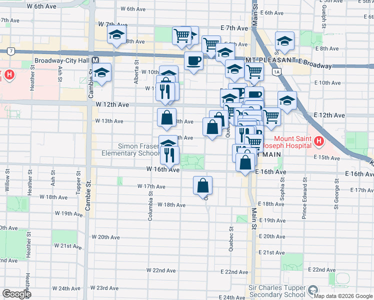 map of restaurants, bars, coffee shops, grocery stores, and more near 83 West 15th Avenue in Vancouver