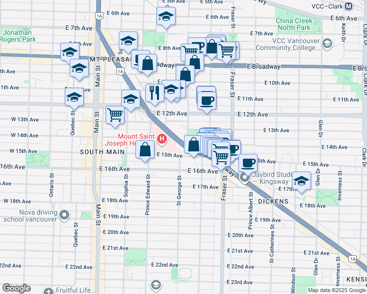 map of restaurants, bars, coffee shops, grocery stores, and more near in Vancouver