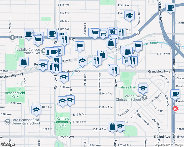 map of restaurants, bars, coffee shops, grocery stores, and more near 3148 Grandview Highway in Vancouver