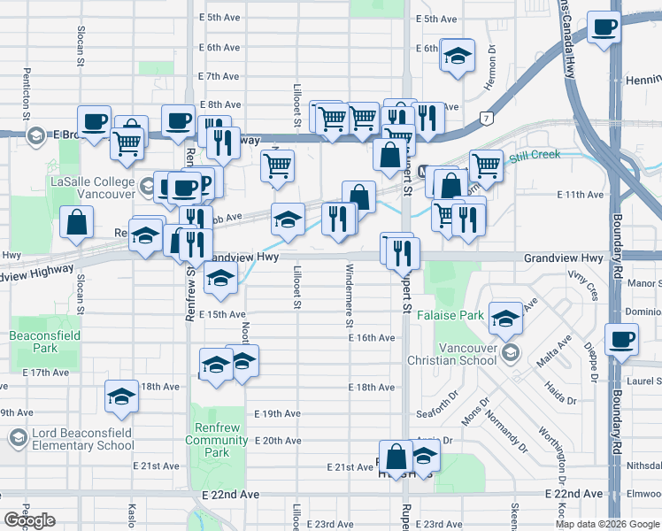 map of restaurants, bars, coffee shops, grocery stores, and more near 3168 Grandview Highway in Vancouver