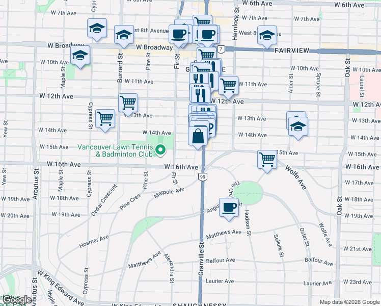 map of restaurants, bars, coffee shops, grocery stores, and more near 1550 West 15th Avenue in Vancouver