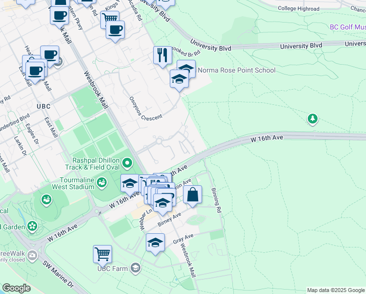 map of restaurants, bars, coffee shops, grocery stores, and more near 5650 Hampton Place in Vancouver
