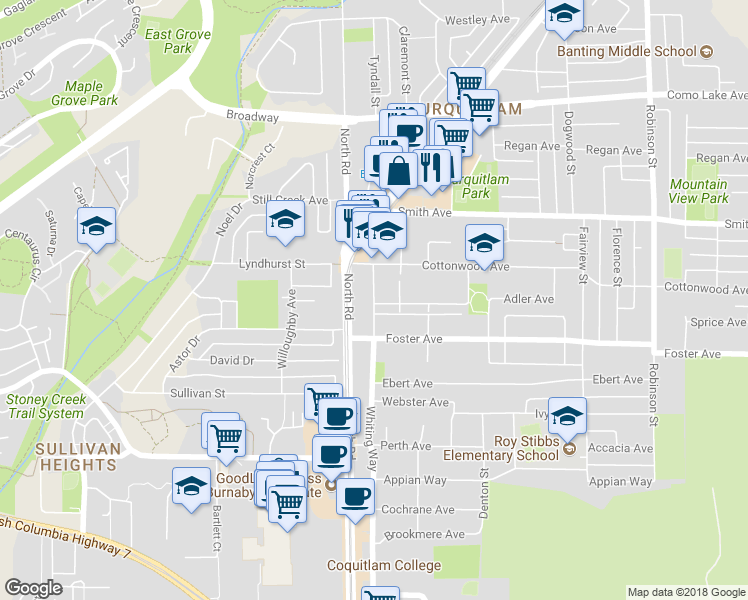 map of restaurants, bars, coffee shops, grocery stores, and more near 1307 Whiting Way in Coquitlam