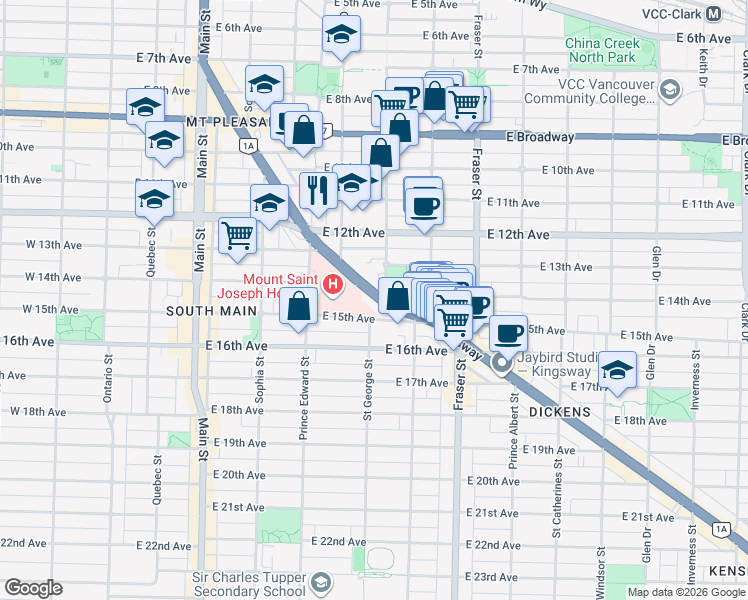 map of restaurants, bars, coffee shops, grocery stores, and more near in Vancouver