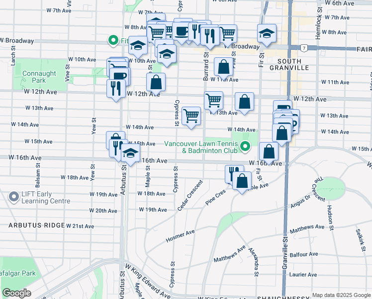 map of restaurants, bars, coffee shops, grocery stores, and more near 1866 West 15th Avenue in Vancouver
