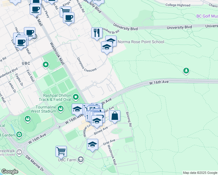 map of restaurants, bars, coffee shops, grocery stores, and more near 5650 Hampton Place in Vancouver