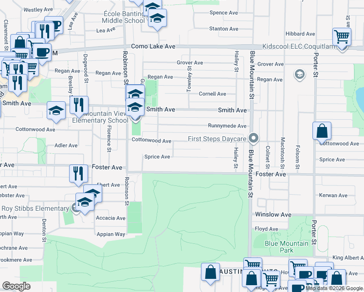 map of restaurants, bars, coffee shops, grocery stores, and more near 826 Cottonwood Avenue in Coquitlam
