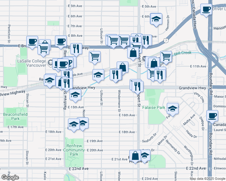 map of restaurants, bars, coffee shops, grocery stores, and more near 3168 Grandview Highway in Vancouver