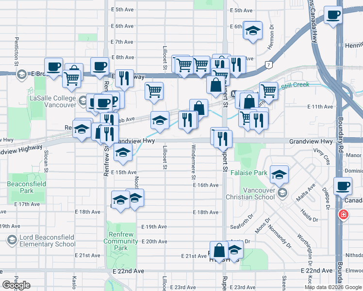 map of restaurants, bars, coffee shops, grocery stores, and more near 3160 Grandview Highway in Vancouver