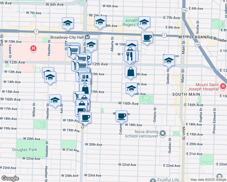 map of restaurants, bars, coffee shops, grocery stores, and more near 3090 Alberta Street in Vancouver