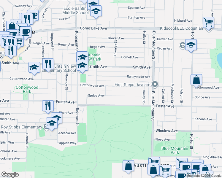 map of restaurants, bars, coffee shops, grocery stores, and more near 826 Cottonwood Avenue in Coquitlam