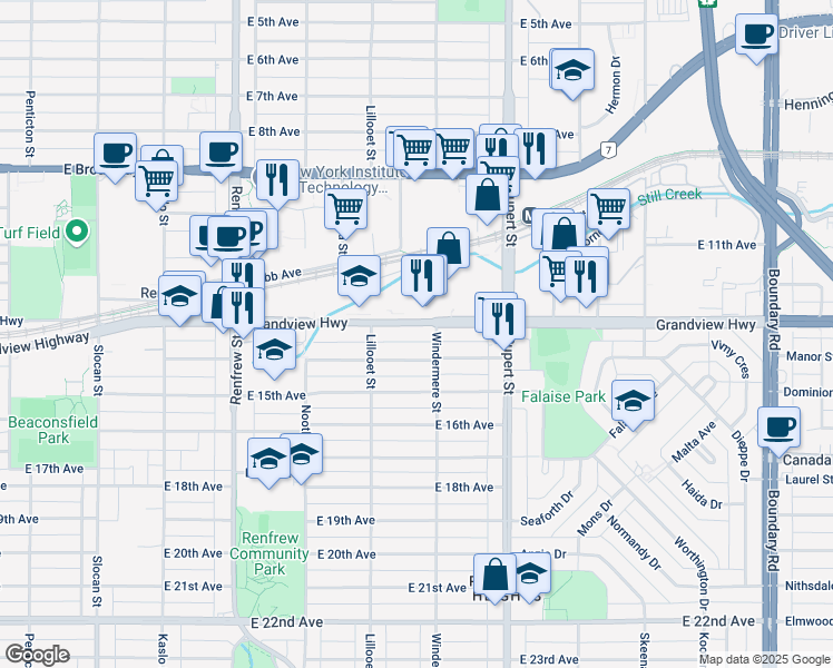 map of restaurants, bars, coffee shops, grocery stores, and more near 3172 Grandview Highway in Vancouver