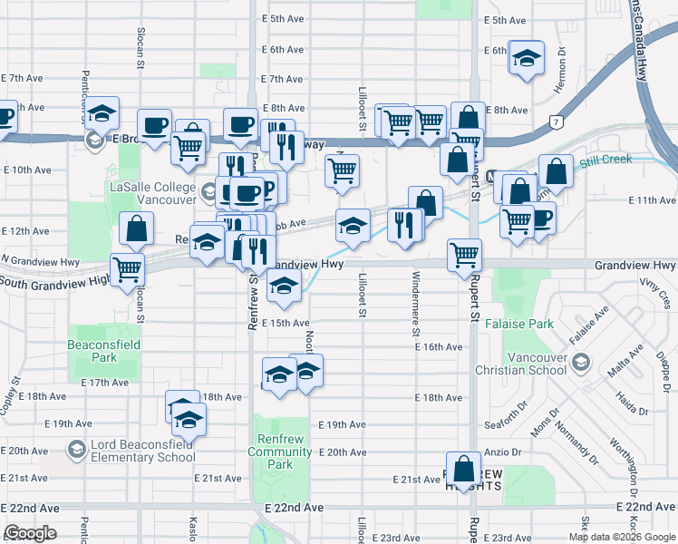map of restaurants, bars, coffee shops, grocery stores, and more near 3003 Grandview Highway in Vancouver