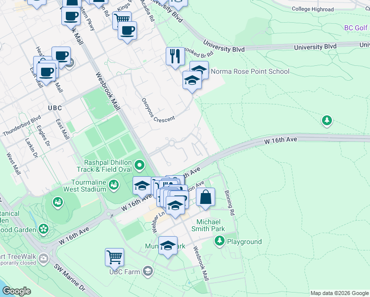 map of restaurants, bars, coffee shops, grocery stores, and more near 5760 Hampton Place in University Endowment Lands