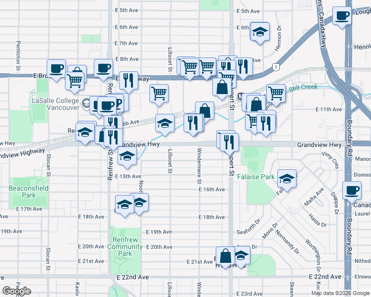 map of restaurants, bars, coffee shops, grocery stores, and more near 3152 Grandview Highway in Vancouver