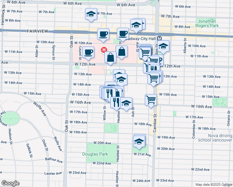 map of restaurants, bars, coffee shops, grocery stores, and more near 719 West 15th Avenue in Vancouver