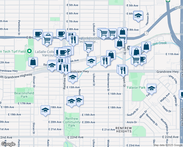 map of restaurants, bars, coffee shops, grocery stores, and more near 3084 Grandview Highway in Vancouver