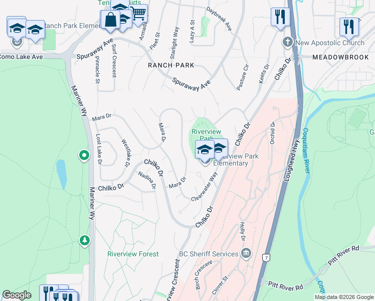 map of restaurants, bars, coffee shops, grocery stores, and more near 2867 Mara Drive in Coquitlam