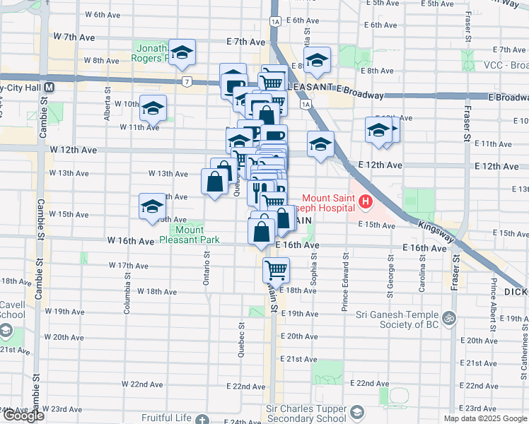 map of restaurants, bars, coffee shops, grocery stores, and more near 3045 Main Street in Vancouver