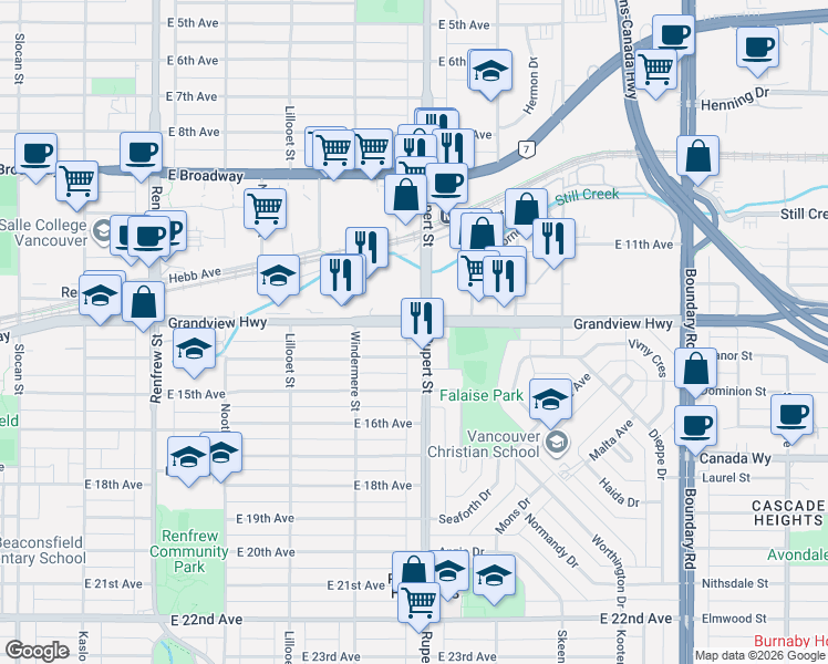 map of restaurants, bars, coffee shops, grocery stores, and more near 3290 Grandview Highway in Vancouver