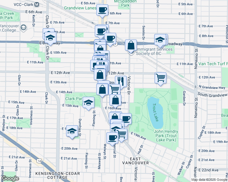map of restaurants, bars, coffee shops, grocery stores, and more near 1781 East 14th Avenue in Vancouver