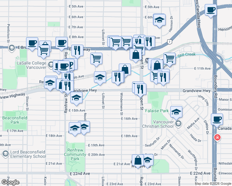 map of restaurants, bars, coffee shops, grocery stores, and more near in Vancouver