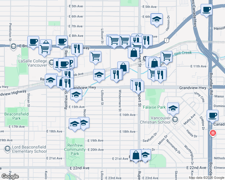 map of restaurants, bars, coffee shops, grocery stores, and more near in Vancouver