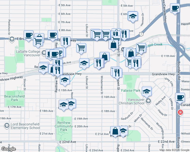map of restaurants, bars, coffee shops, grocery stores, and more near in Vancouver