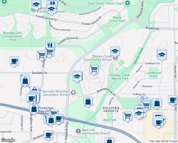 map of restaurants, bars, coffee shops, grocery stores, and more near 8940 Centaurus Circle in Burnaby