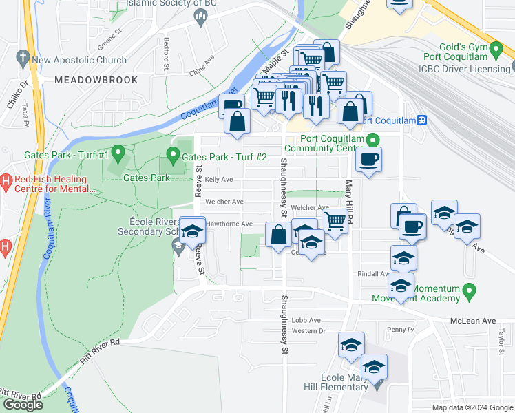 map of restaurants, bars, coffee shops, grocery stores, and more near 2356 Welcher Avenue in Port Coquitlam