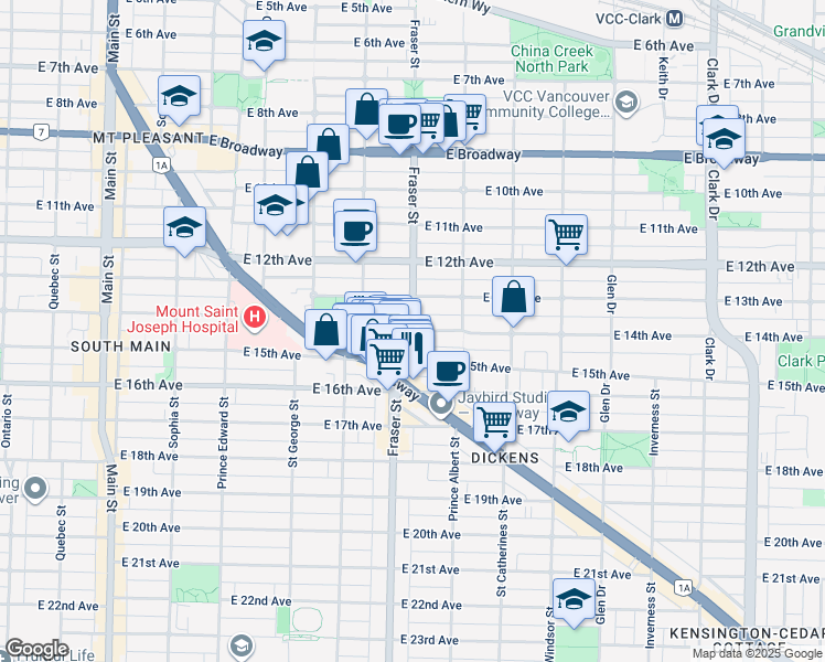 map of restaurants, bars, coffee shops, grocery stores, and more near Fraser Street & East 14th Avenue in Vancouver