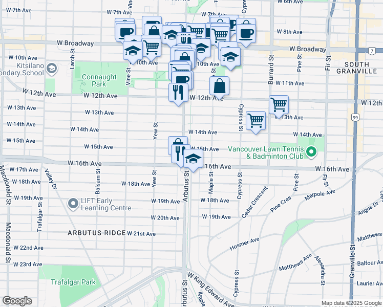 map of restaurants, bars, coffee shops, grocery stores, and more near 2072 West 15th Avenue in Vancouver